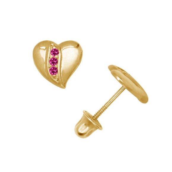 14K Solid Yellow Gold Heart Studs Screw Back Earrings Set With Sparkling Stones - Picture 3 of 4